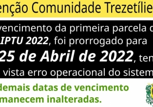 Prorrogado vencimento da primeira parcela do IPTU 2022 de Treze Tílias