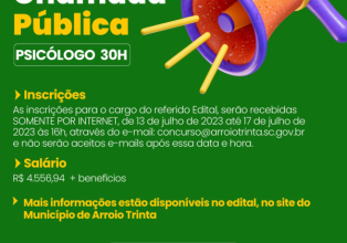 Prefeitura de Arroio Trinta lança Chamada Pública para Psicólogo